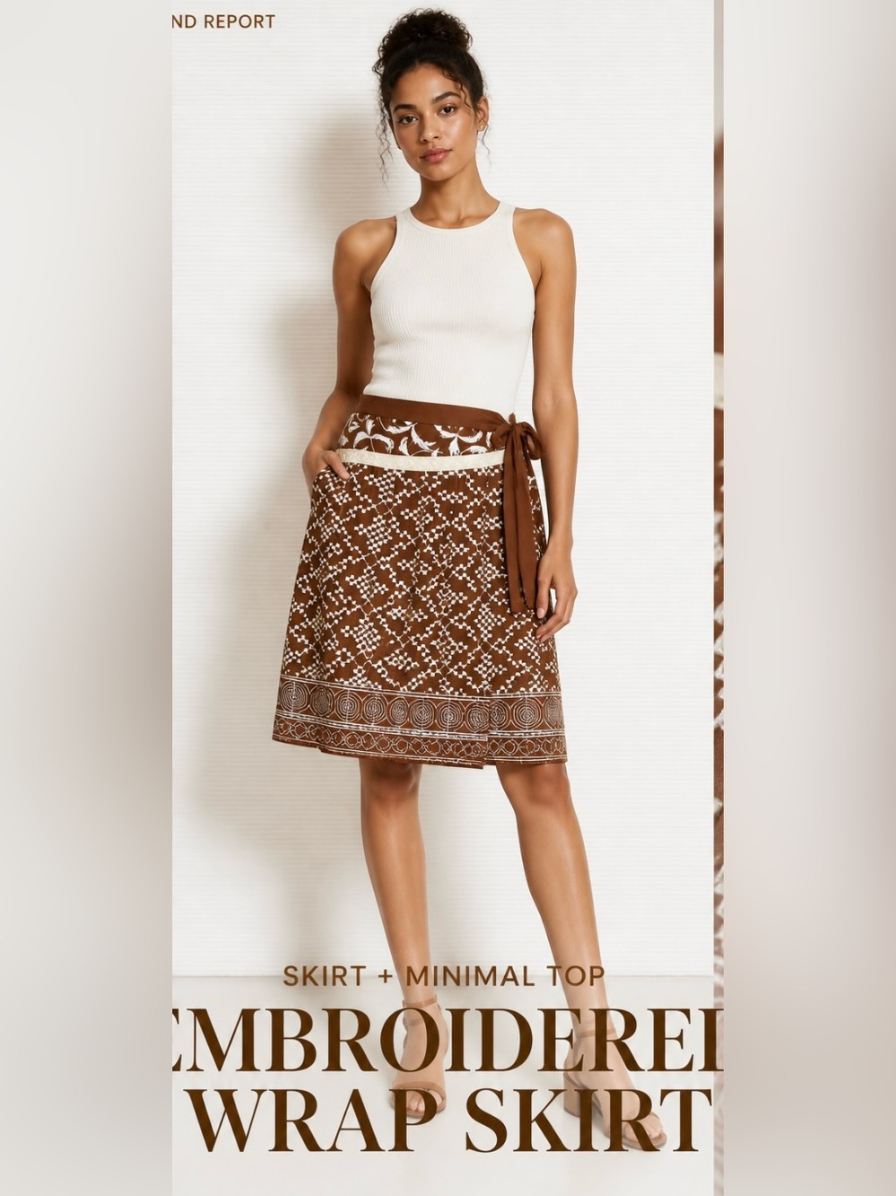 Vtg NANETTE LEPORE Embroidered Skirt Brown Whitete Embroidery Pleated Faux Wrap
